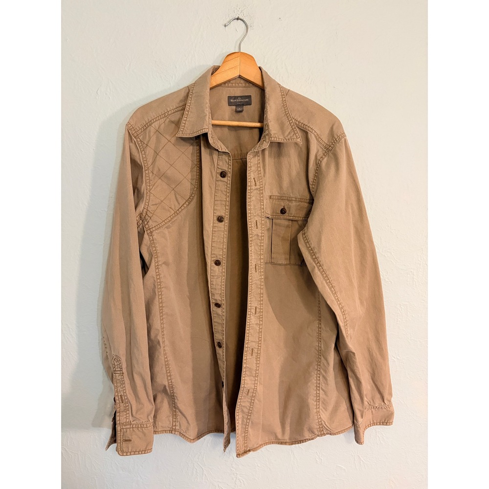 LL Bean Signature Shirt Large Khaki Slim Quilted Patch Gorpcore Outdoor Rugged